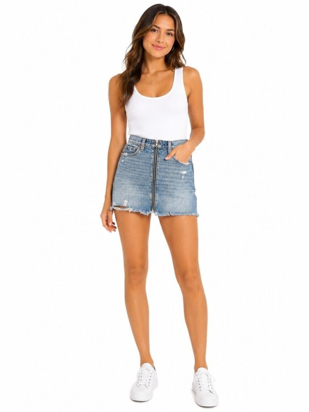 Abercrombie & Fitch High Rise Denim Mini Skirt Size 24 Blue Distressed Front Zip